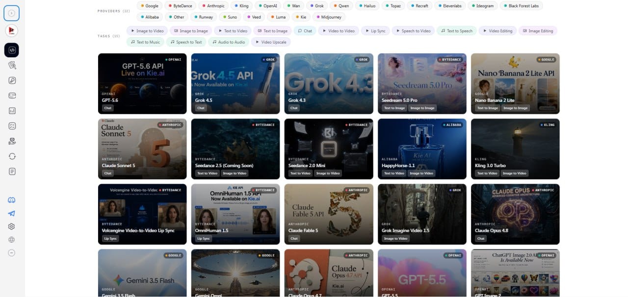 Выбор видео-нейросети в агрегаторе - интерфейс KIE.AI